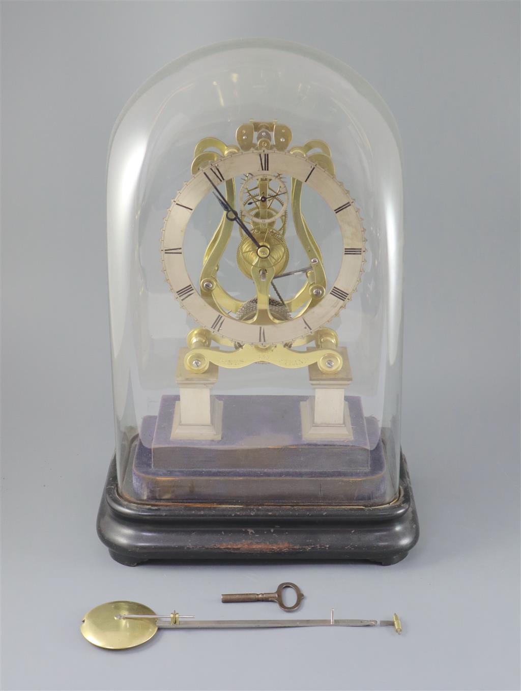 Jones, Strand. An early Victorian brass skeleton clock, clock height 12in. height with plinth 16.5in. height with dome 20in.